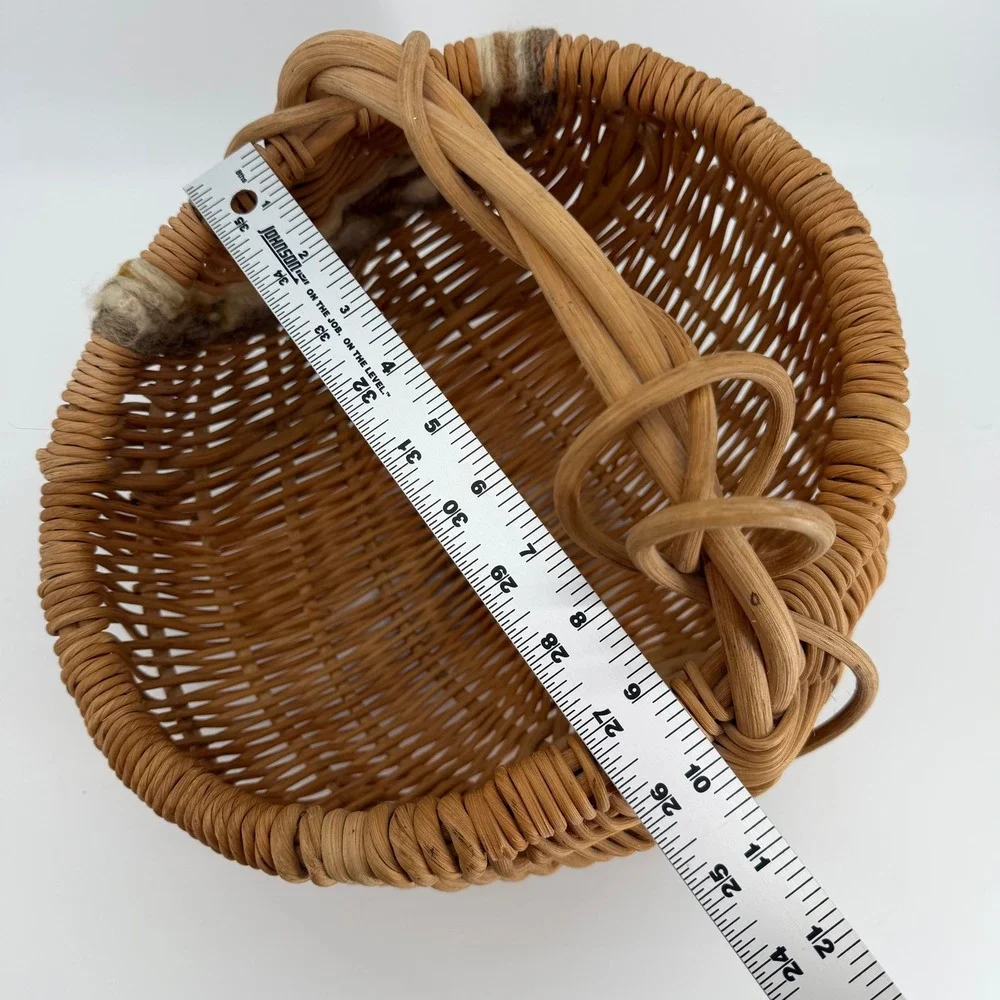 Vintage Woven Rattan Wicker Basket Twisted Handle Beaded Tassel Cottage Boho